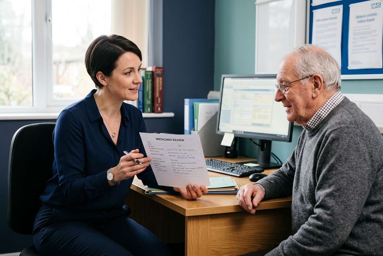 An NCS clinical pharmacist consulting an elderly patient about their medicines in a GP practice