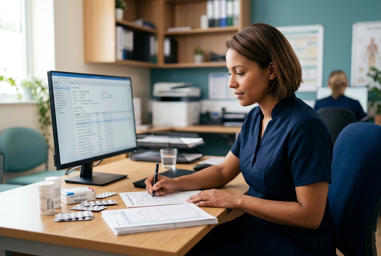 A pharmacist completing a structured medication review at a GP practice desk