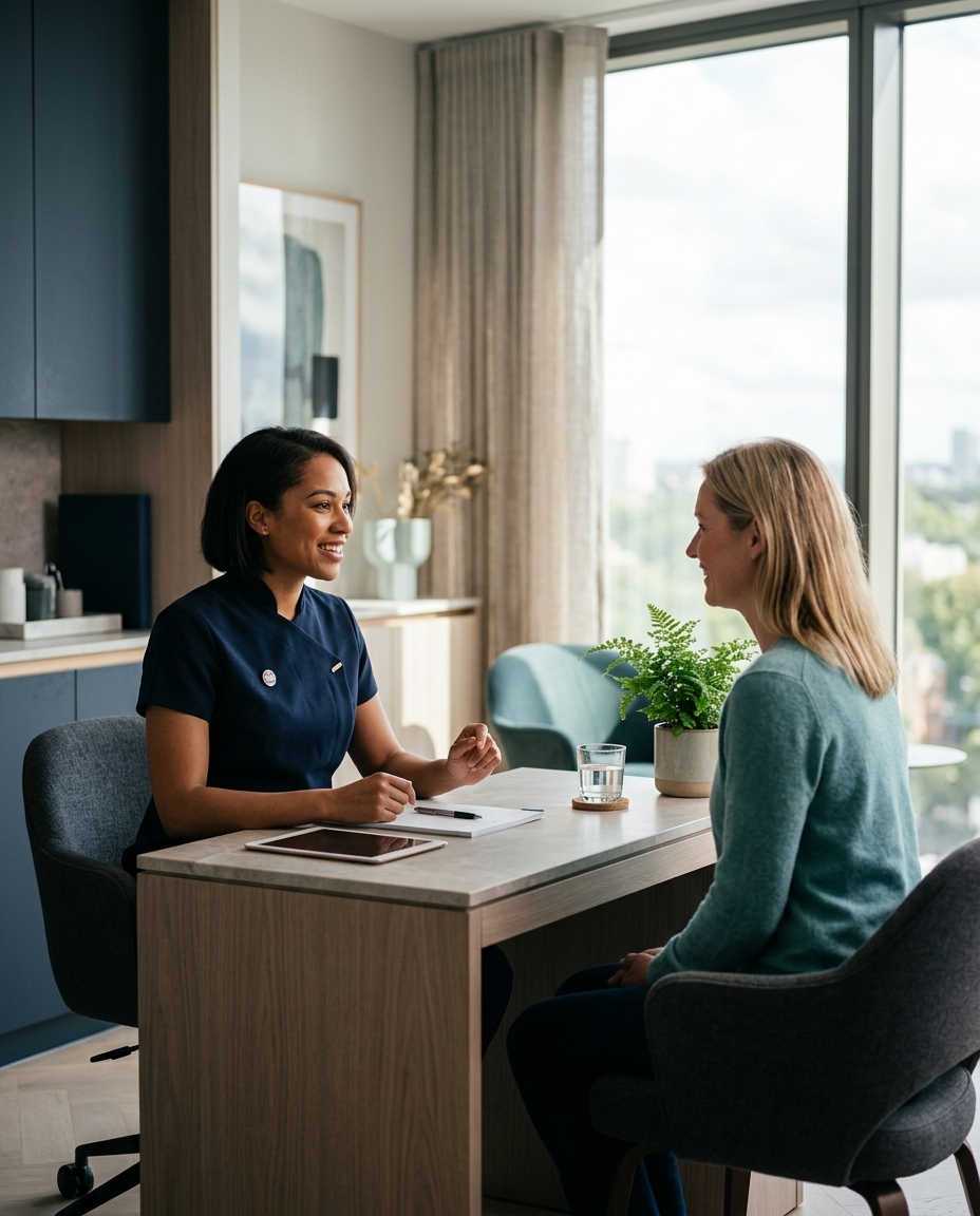 A pharmacist independent prescriber consulting a patient in a premium private clinic room