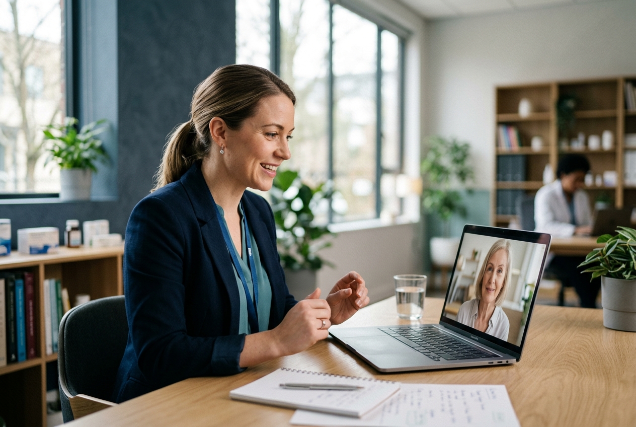 A pharmacist providing a remote video consultation on a laptop in a modern clinic office