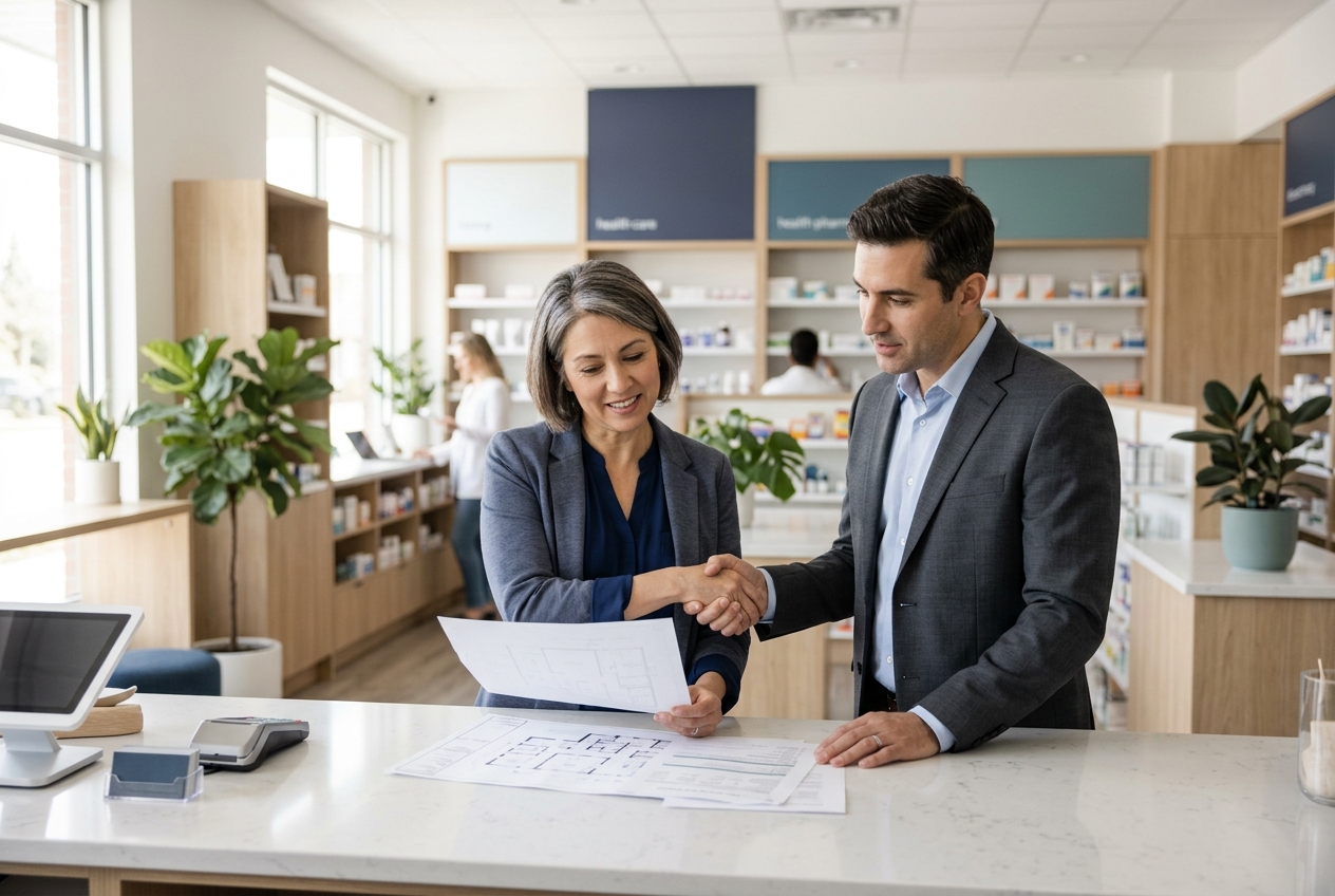 A community pharmacy owner meeting a healthcare partner to discuss a clinic partnership