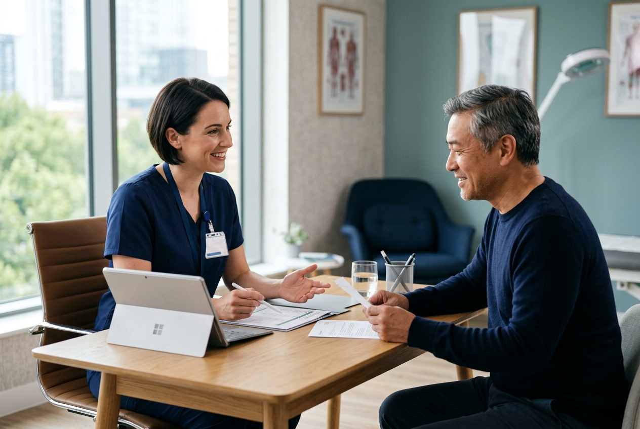 A pharmacist independent prescriber discussing a treatment plan with a patient in a private clinic