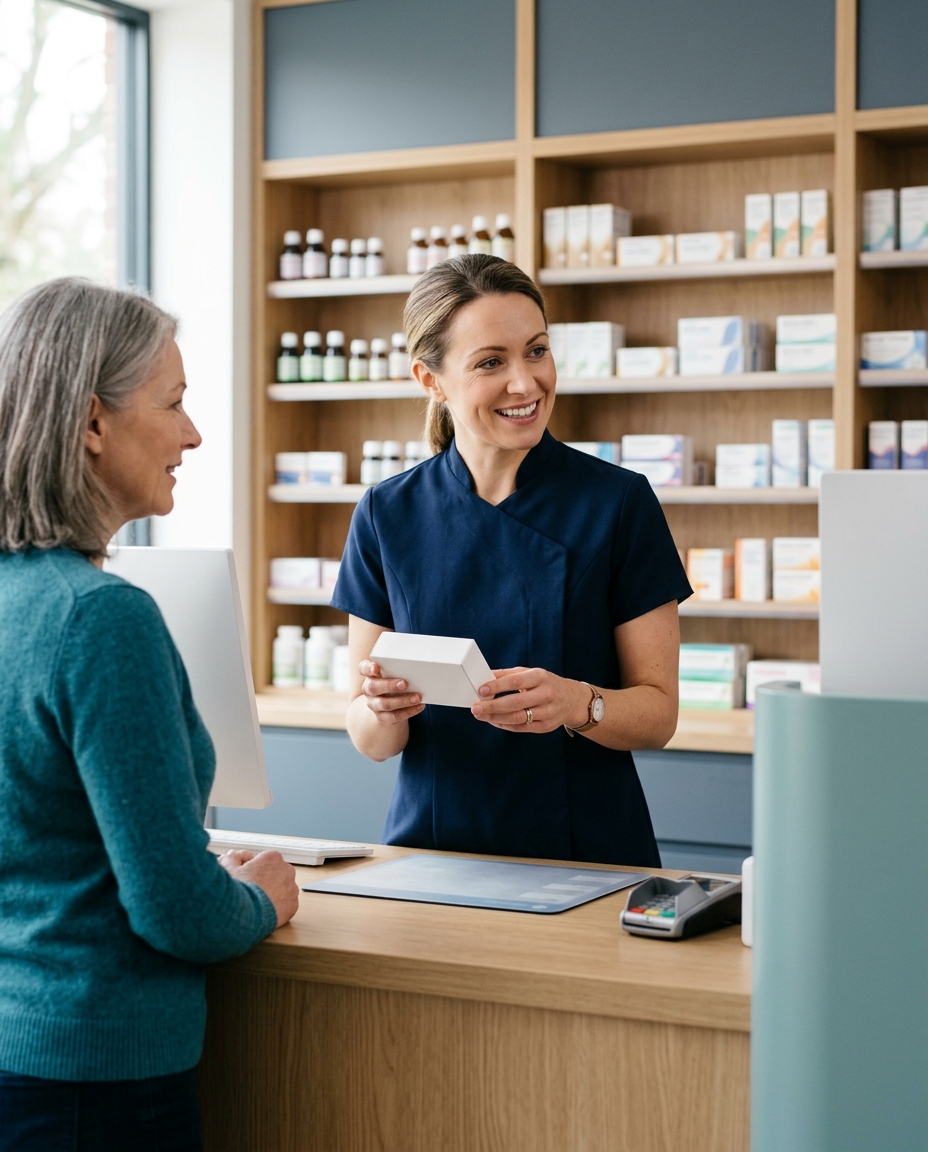 A pharmacist advising a customer at the counter of a modern UK community pharmacy
