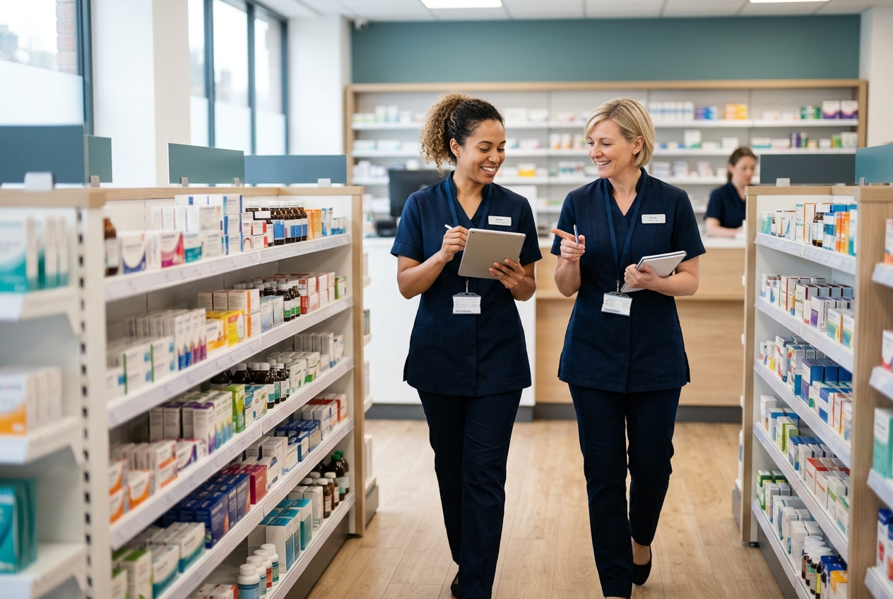 Two pharmacy professionals coordinating stock in a modern community pharmacy aisle