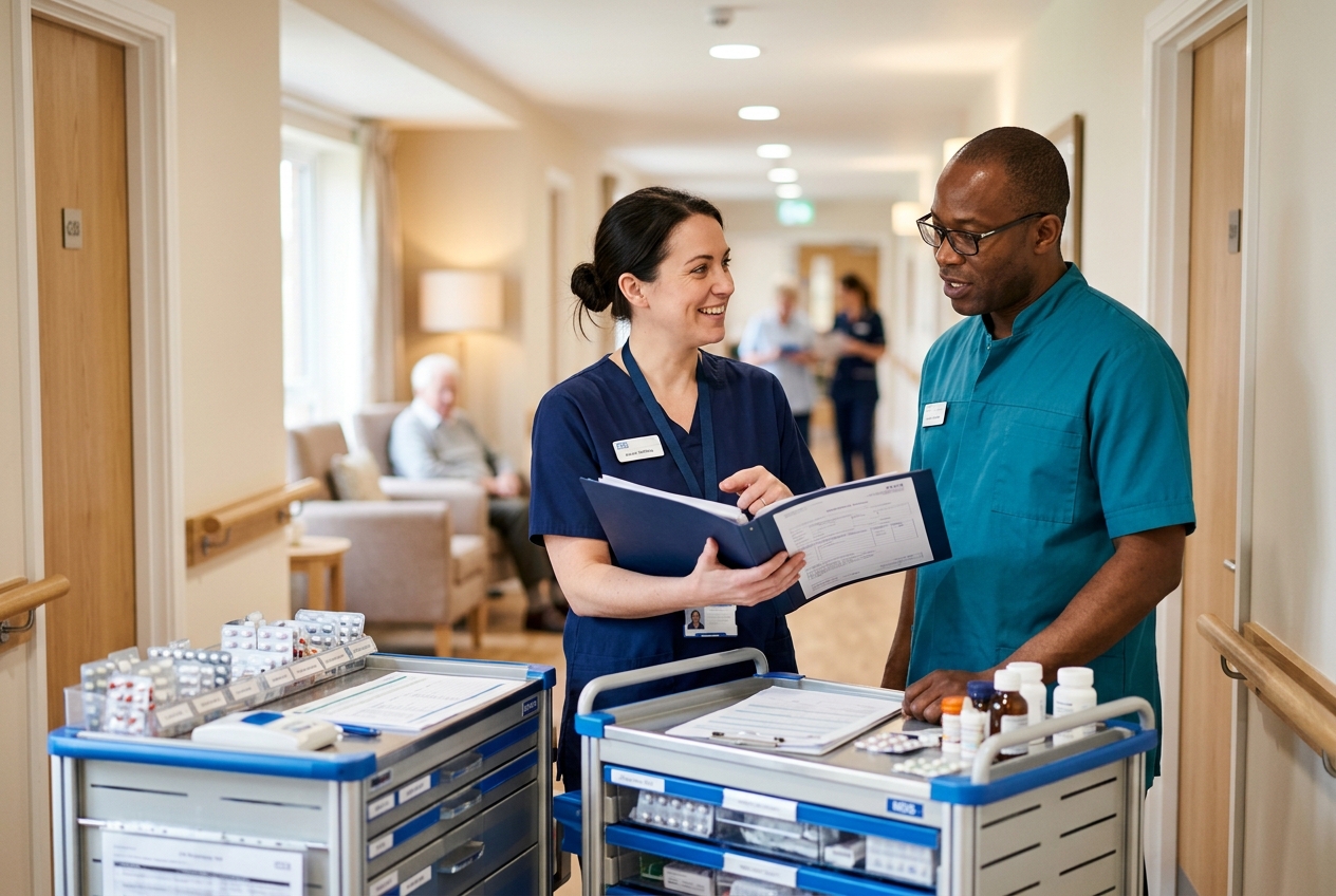 A pharmacist and care home nurse reviewing medicines together at a medication trolley in a care home