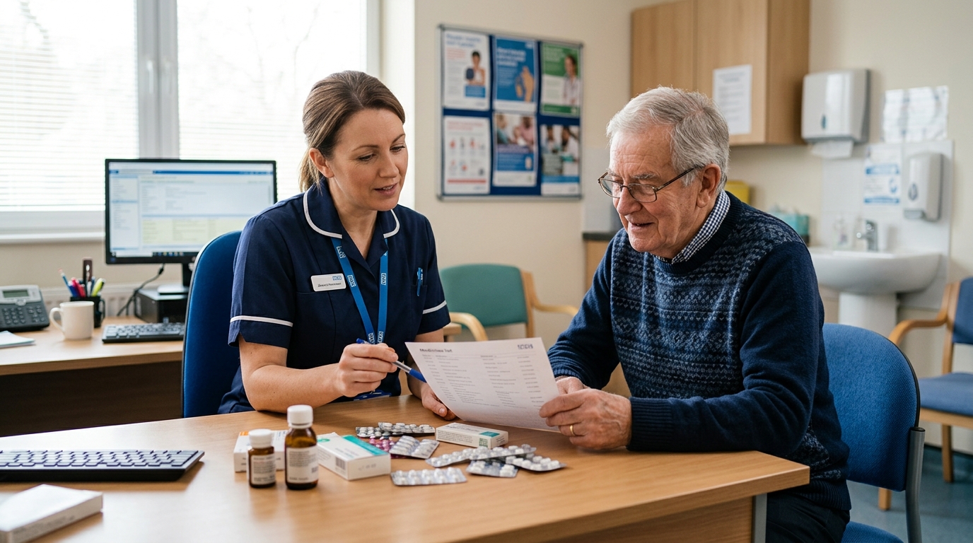 A clinical pharmacist reviewing a medicines list with an elderly patient during a structured medication review