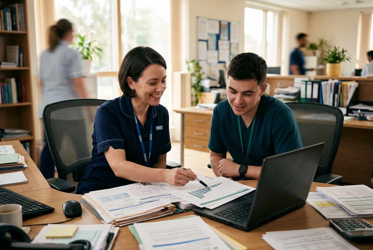 A clinical pharmacist and pharmacy technician reviewing prescribing reports together at a GP practice desk