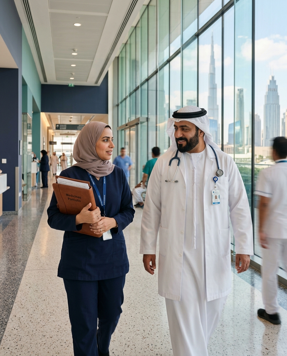 Healthcare professionals in a modern Middle Eastern hospital with a city skyline behind them