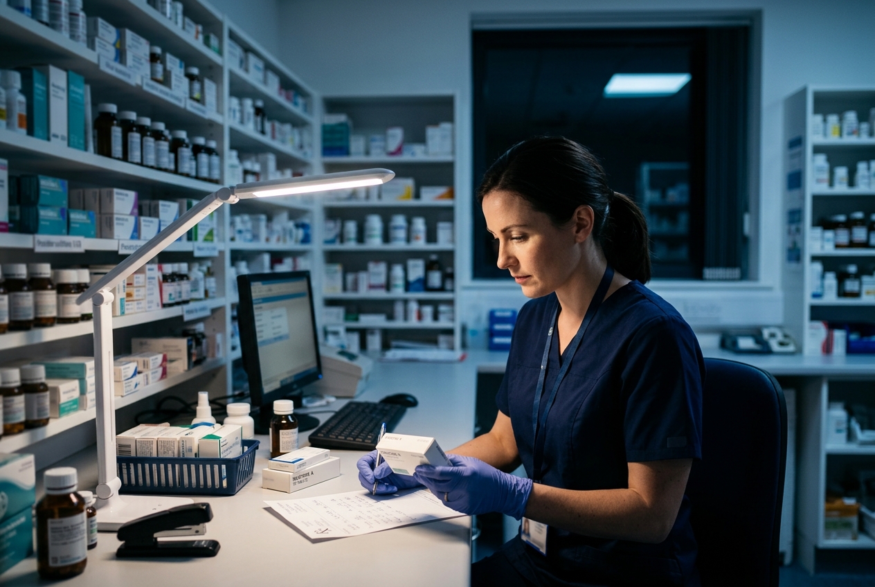 A pharmacist carefully preparing prescription medicines in a pharmacy dispensary at night