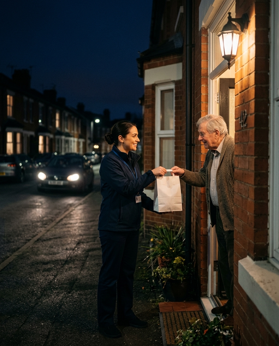 A healthcare delivery professional handing medication to a patient at their front door at night